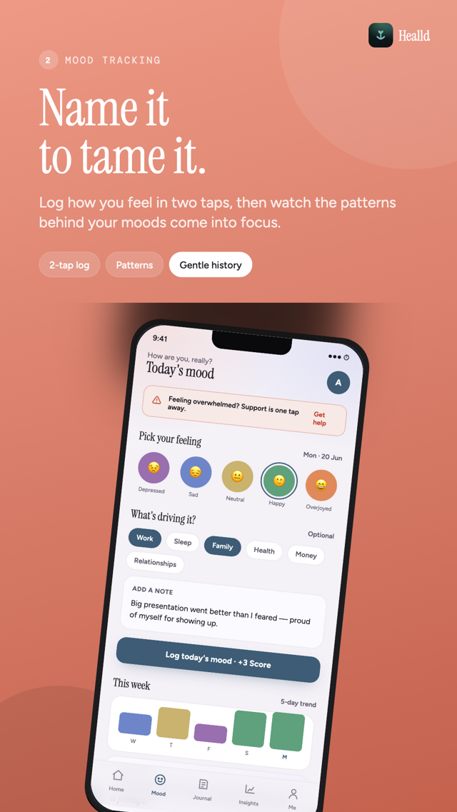 Mood tracking screen with the five-mood spectrum