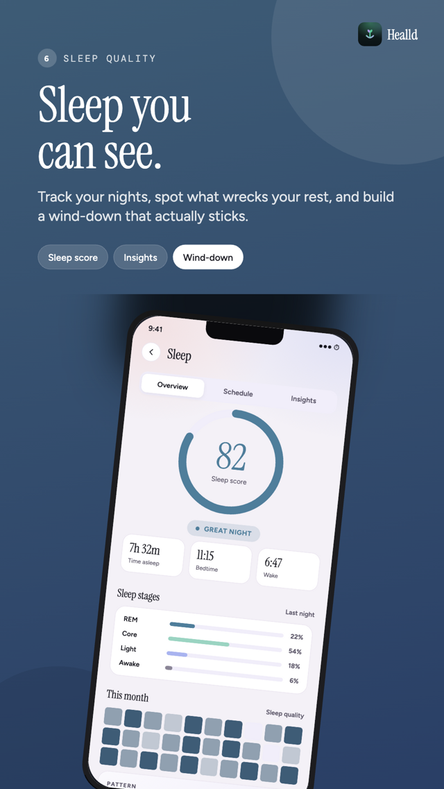Sleep quality screen with sleep score and schedule