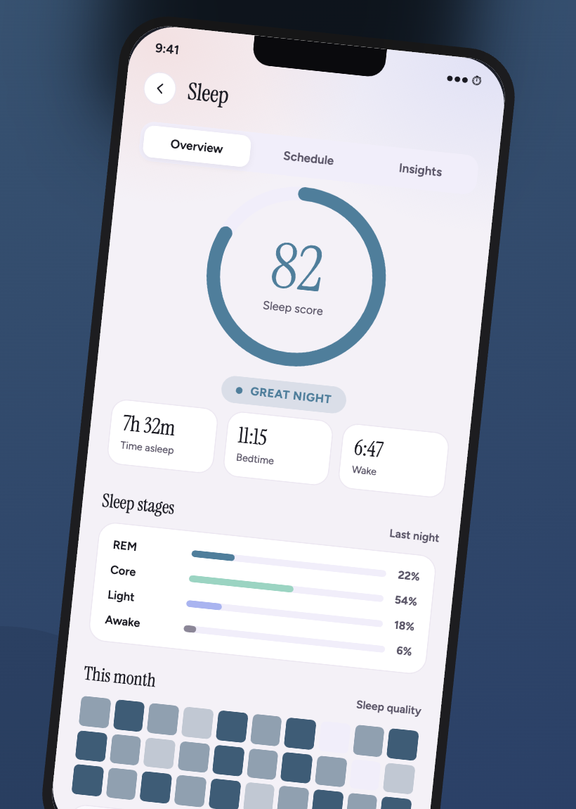 Sleep quality screen with sleep score and schedule