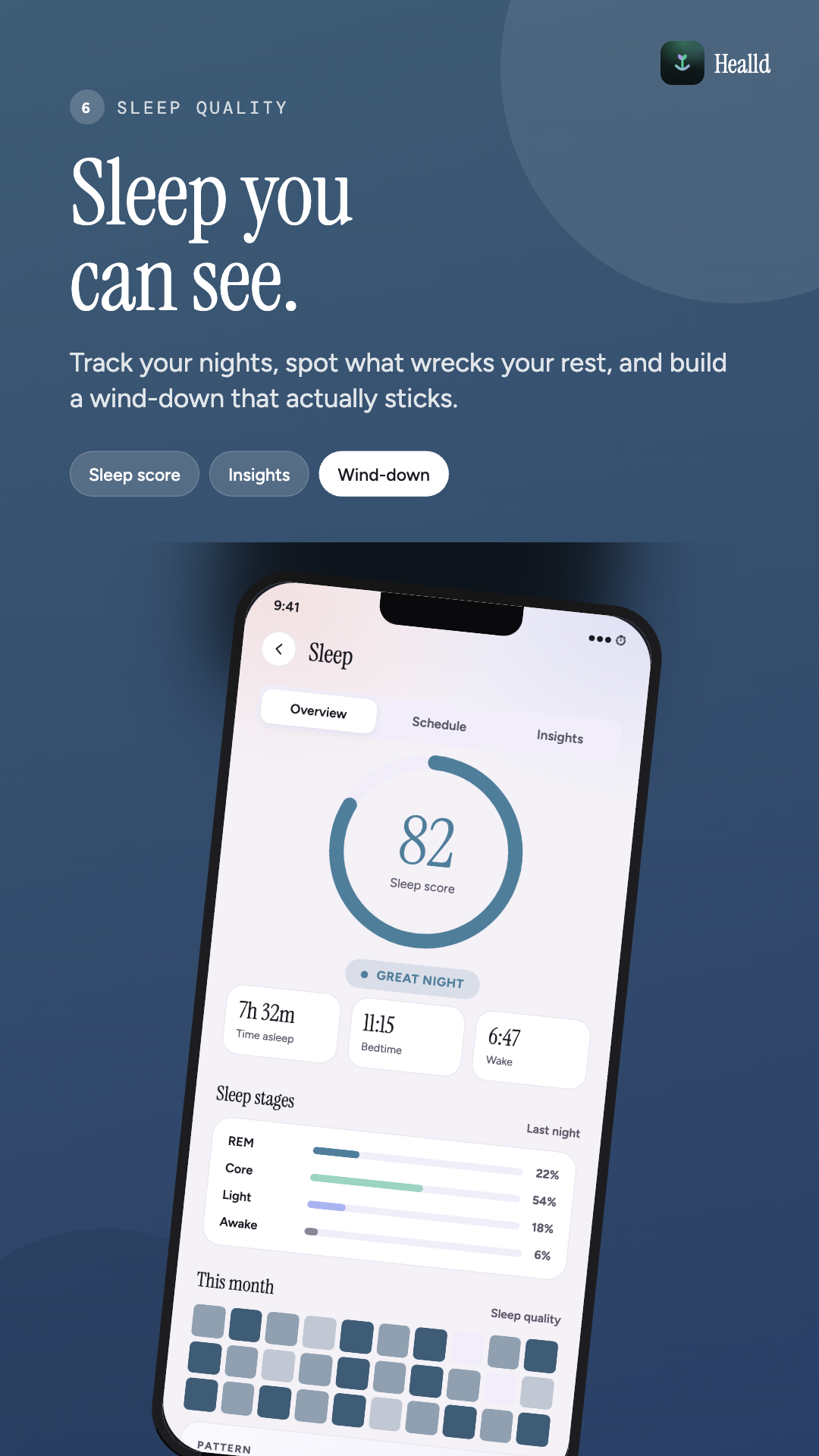 Sleep quality screen with sleep score and schedule
